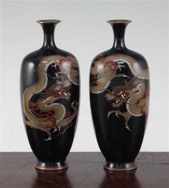 A pair of Japanese silver wire cloisonne enamel dragon vases, Meiji period, 15.5cm